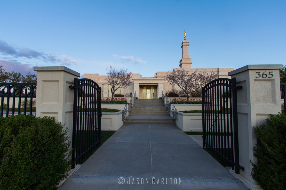 Photo of the gates and path leading to the Monticello Utah Temple